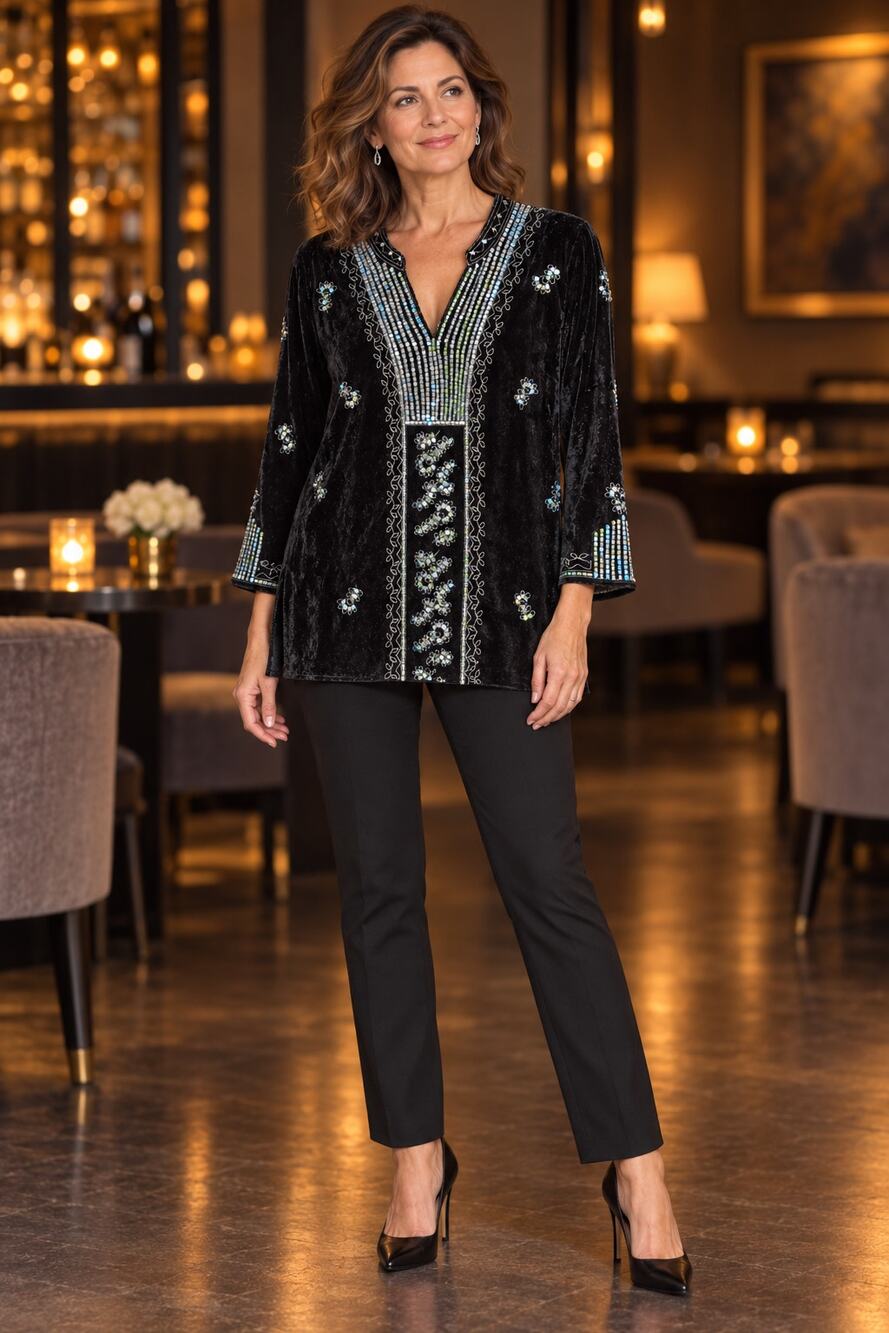 Vintage 90s Y2K Saint Tropez West L Black Velvet Sequin Tunic Top
